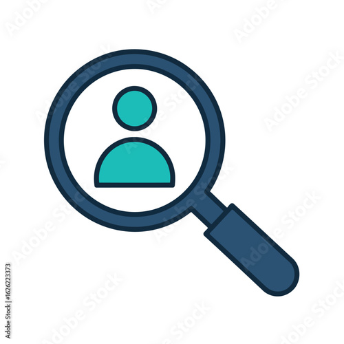 Vector illustration of magnifying glass over a person icon, symbolizing search and discovery of individuals, isolated on white background