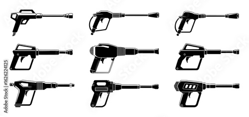 Black pressure washer gun icons collection spray nozzle