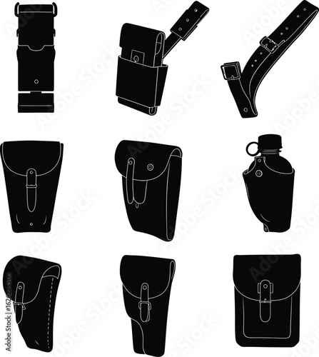 Assorted Tactical Gear Silhouettes: A Vector Set of Military and Police Equipment, Featuring Holsters and Pouches.