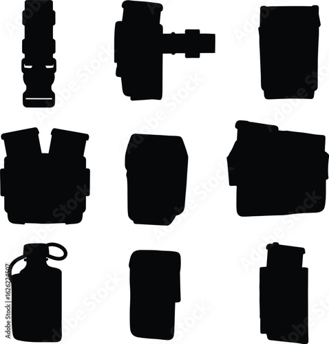 Assorted Tactical Gear Silhouettes: A Vector Set of Military and Police Equipment, Featuring Holsters and Pouches.