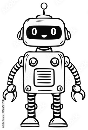 Illustration of a happy cartoon robot with antennae and claw hands