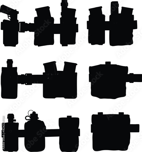 Assorted Tactical Gear Silhouettes: A Vector Set of Military and Police Equipment, Featuring Holsters and Pouches.