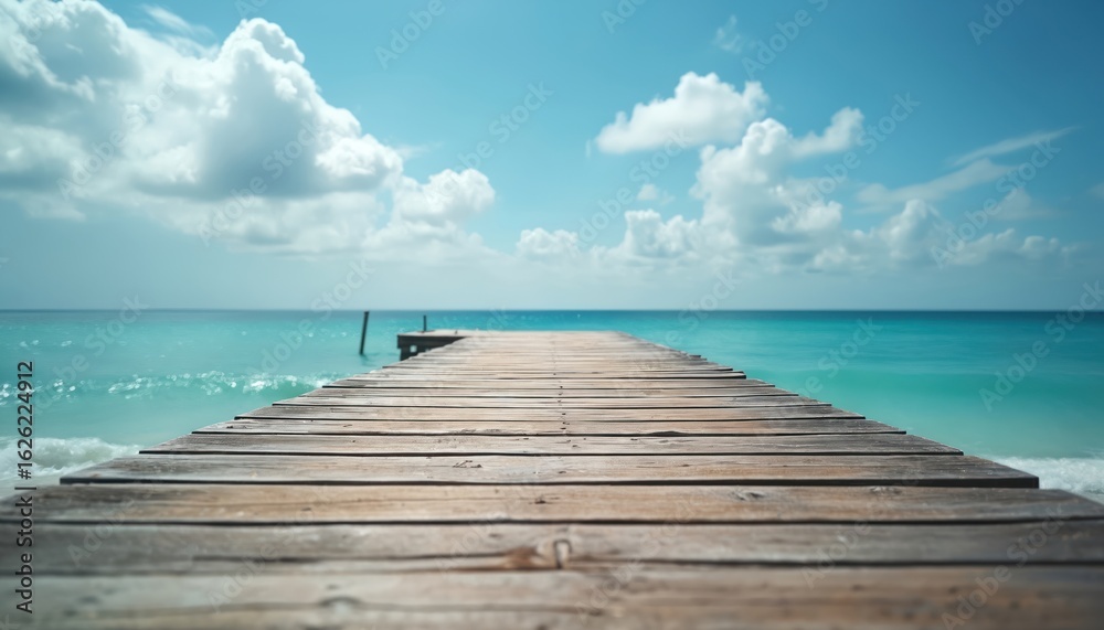 Obraz premium Wooden pier extends into calm turquoise ocean under bright blue sky with fluffy white clouds. Gentle waves lap the shore. Tropical paradise scene evokes serenity, relaxation and vacation feelings.