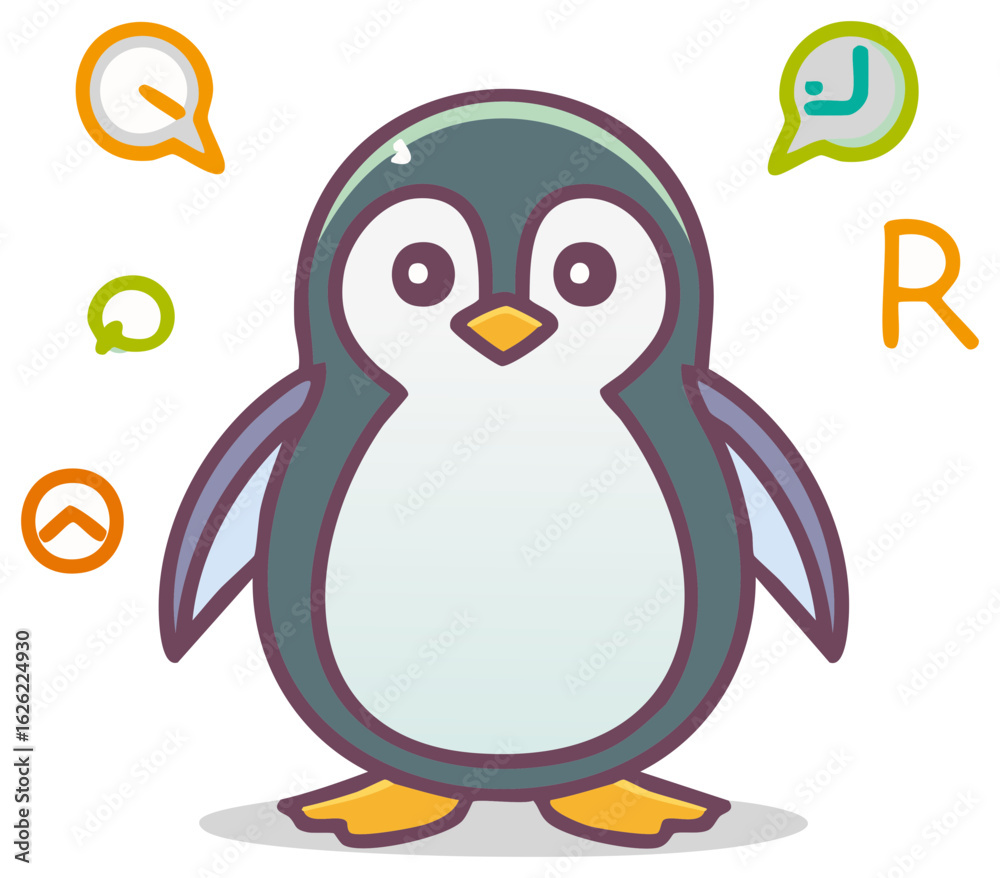 Obraz premium Cartoon penguin surrounded by speech bubbles and the letter R concept illustration