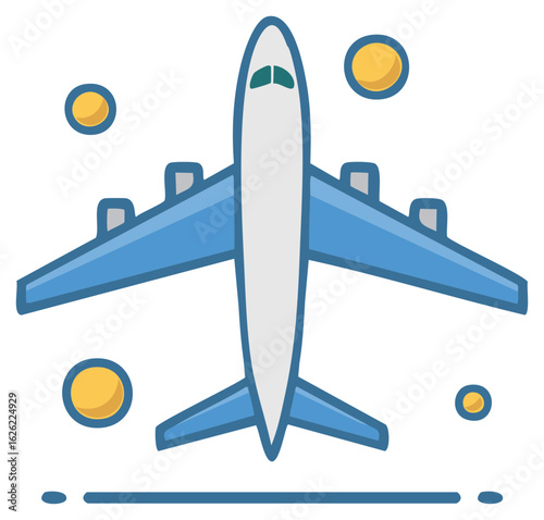 Top View Illustration of a Blue and White Airplane in Flight with Celestial Bodies