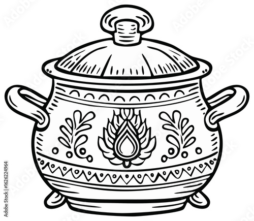 Decorative clay pot with handles and lid featuring floral and geometric patterns