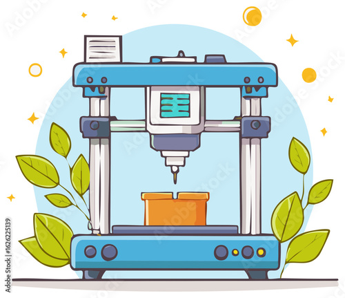 Cartoon 3D printer manufacturing, illustration, design, creating, with leaves
