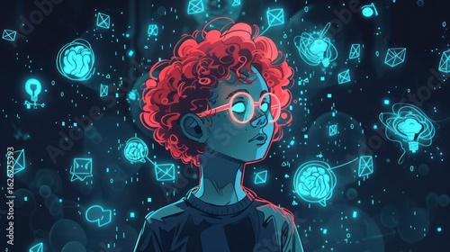 Young person surrounded by glowing digital thoughts
