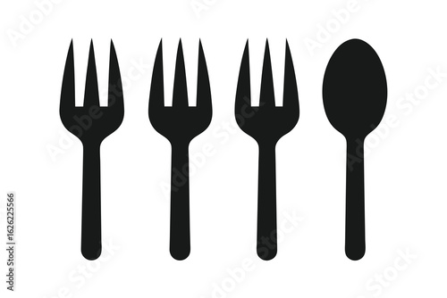 Three black forks and one black spoon arranged in a row, isolated on a white background, symbolizing dining or eating utensils