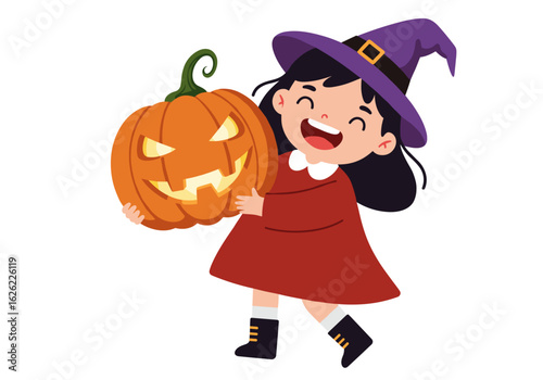 Happy girl in witch costume holding carved pumpkin for Halloween  