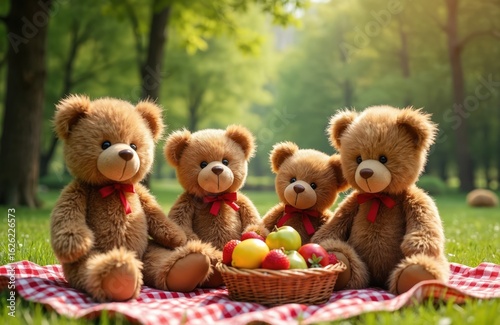 Wallpaper Mural Four fuzzy teddy bears enjoy sunny garden picnic on red checkered blanket, sharing basket of fruit. Whimsical scene of togetherness and childhood joy, perfect for playful storytelling and imagination. Torontodigital.ca