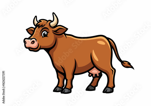 Cartoon cow mascot illustration, featuring brown cattle isolated on clean white. Cow mascot with cartoon design for logo creation, marketing material, or creative project.
