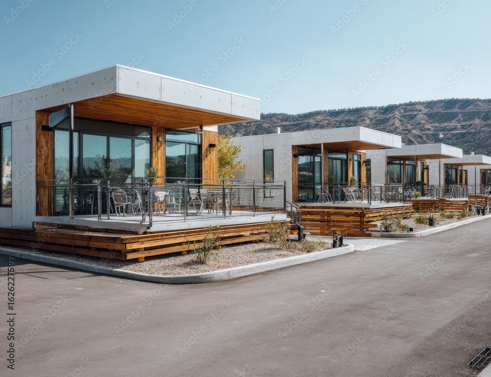 Obraz premium Modern, light-colored cabins with wooden decks, set on a paved street under a clear sky