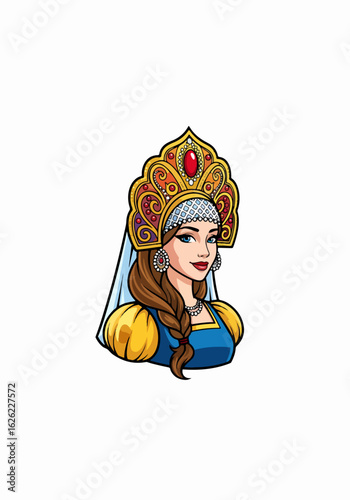 Traditional russian girl in kokoshnik costume with intricate gold design and vibrant colors, portrait of beautiful young woman in russian style.
