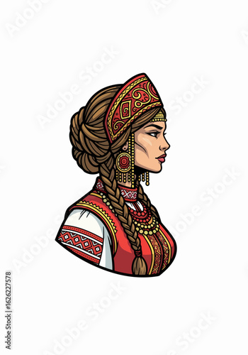 Woman in traditional dress, an ornate portrait of a woman in traditional dress, showcases cultural heritage. Character in traditional dress, wearing Kokoshnik and elegant jewelry.
