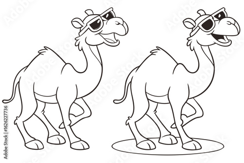Coloring Pages, funny camel with sunglasses, cartoon style, uncolored line art