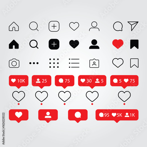 Instagram social media interface set buttons isolated on heart
