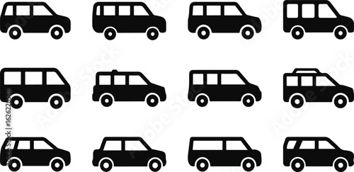 set of mini busses and cars vector design silhouette