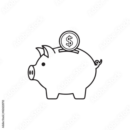 Line drawing of a piggy bank with a dollar coin being inserted into the slot.