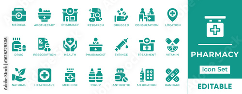 Pharmacy Icon Set. Includes icons of medicine, prescription, pills, drugstore, pharmacist, and healthcare. Perfect for clinics, hospitals, apps, and medical visuals.