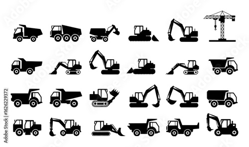 Construction vehicle collection with excavators trucks and crane vehicles