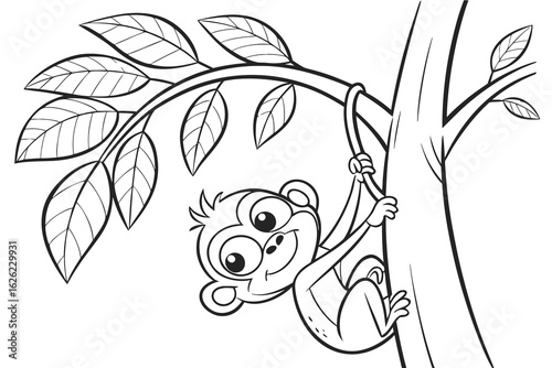 Coloring Pages, funny monkey hanging on tree, cartoon style, coloring book