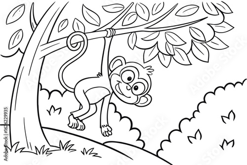 Coloring Pages, funny monkey hanging on tree, cartoon style, coloring book