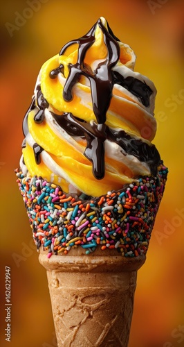 Close-up of a swirl ice cream cone.  Colorful sprinkles adorn the cone.  Melted chocolate drizzled over the ice cream.  Vibrant yellow and white ice cream