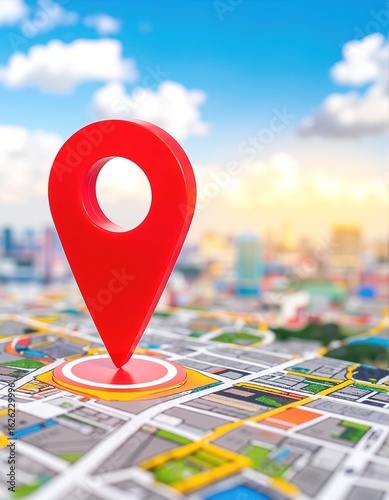 A vibrant red pin is prominently placed on a detailed map, marking a specific location with surrounding streets and landmarks visible in the background.
