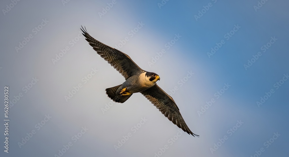 Obraz premium A majestic peregrine falcon soars through a vast blue sky, its powerful wings spread wide in a display of aerial grace and freedom.