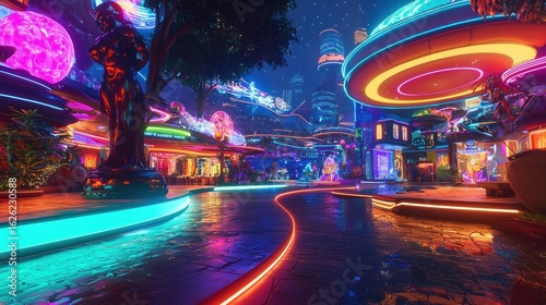 Vibrant neon-lit futuristic plaza with glowing structures, lush vegetation, and nighttime ambiance