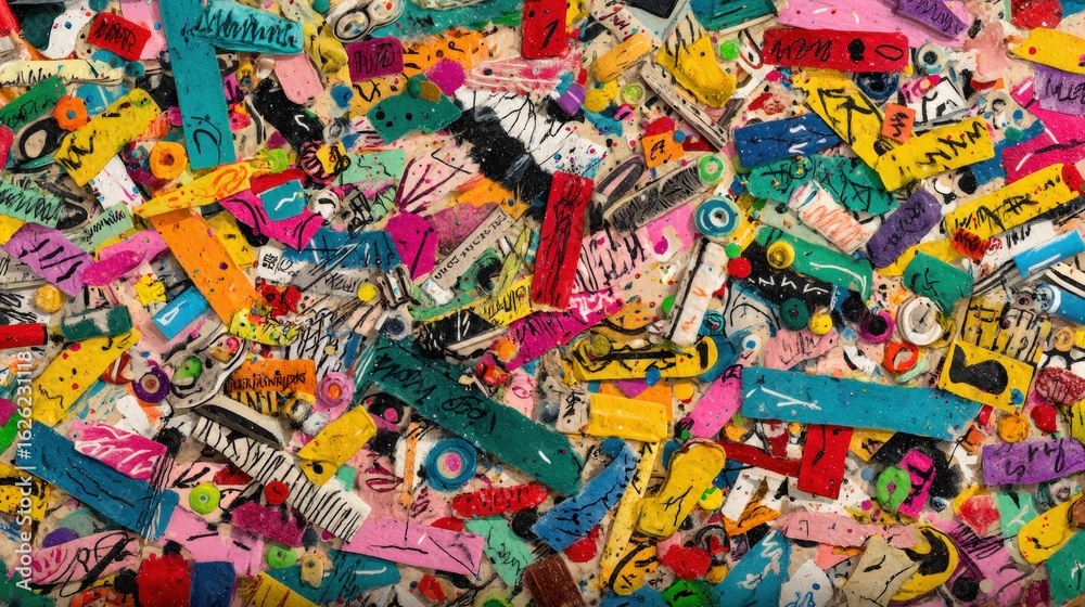Fototapeta premium Colorful collection of mixed materials showcased in urban art installation