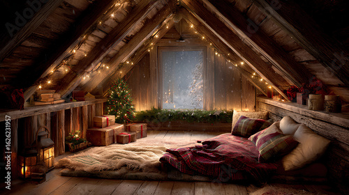A cozy rustic wooden attic decorated for Christmas with warm golden fairy lights creating a magical holiday atmosphere.