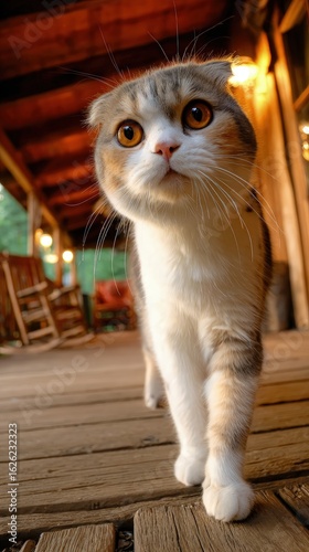 Curious Scottish Fold Cat Walking On Wooden Porch