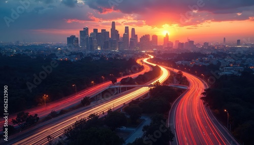 Wallpaper Mural Los Angeles city skyline at vibrant sunrise with glowing freeway traffic trails below. Urban metropolis features modern architecture and infrastructure, showcasing fast motion and illuminated roads. Torontodigital.ca