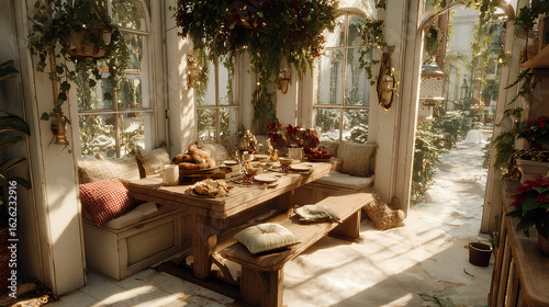 A cozy holiday gathering in a small glass greenhouse, filled with festive decorations and warm sunlight.