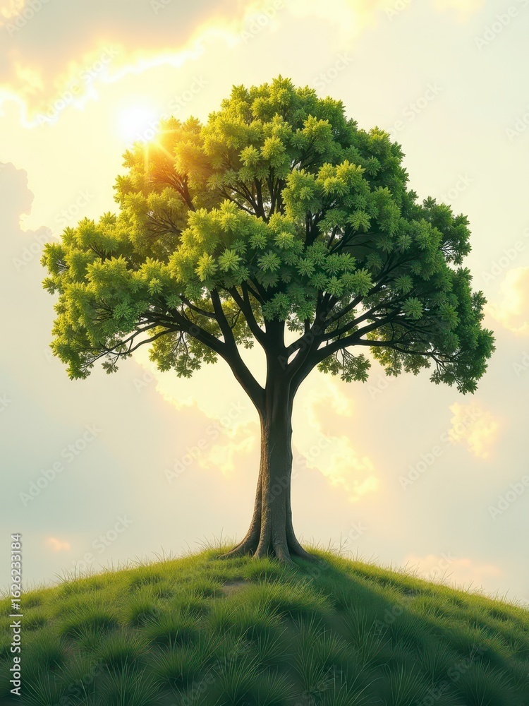 Obraz premium A solitary tree stands on a grassy hill illuminated by warm sunset light.