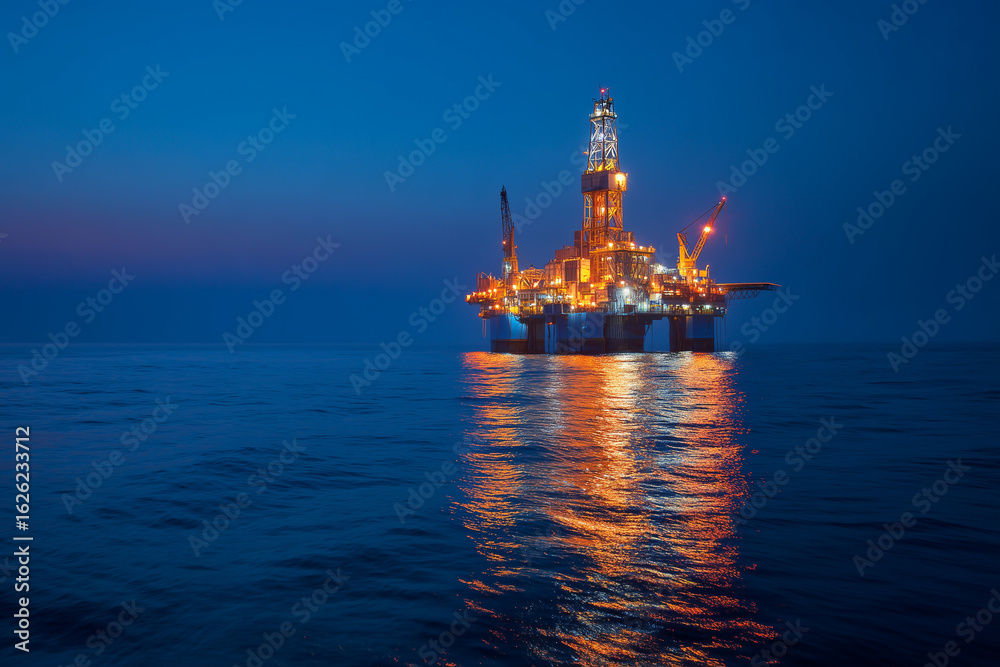 Obraz premium Offshore Oil Rig - Lit Up in Dark Ocean Night Shot