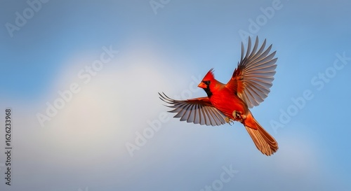 A majestic red cardinal soars through the blue sky, its vibrant wings spread wide in a beautiful display of avian freedom.
