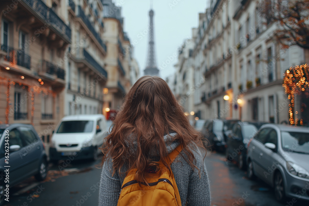 Fototapeta premium Woman Backpack Exploring Eiffel - Woman Exploring Eiffel Tower
