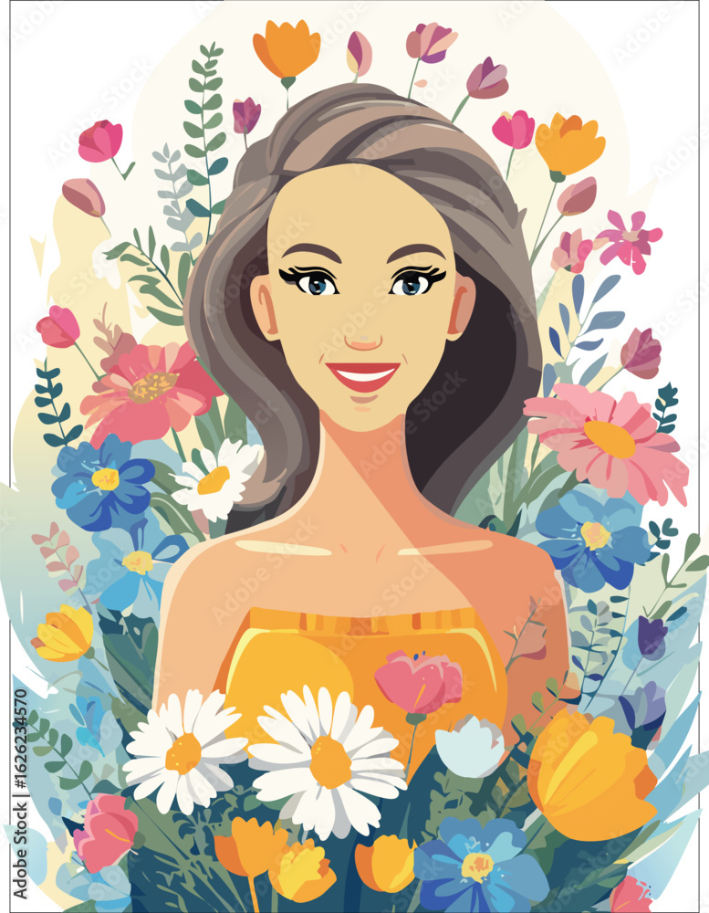 Creative art collage with beautiful meadow flowers and woman on color background Creative art collage with beautiful meadow flowers and woman on color background