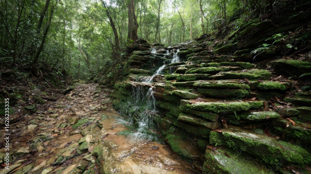 Fototapeta premium Lush forest with cascading waterfall over mossy rocks
