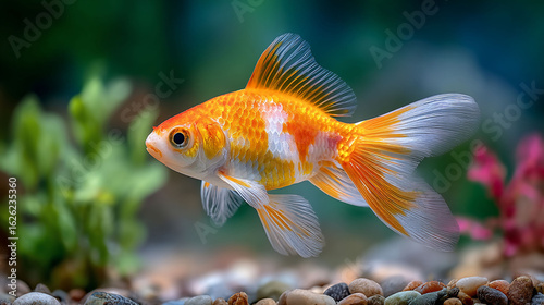 Elegant goldfish swims among aquarium gravel