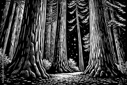 Dark night in Redwood Forest with giant trees and stars, black and white line art illustration