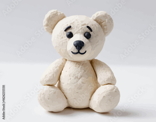 The bear is sitting in a classic pose with its limbs slightly spread and a gentle, friendly expression. Its body has a distinct, wrinkled or fibrous texture, giving it a handcrafted, slightly rustic 