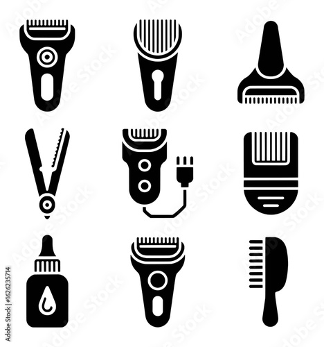 Grooming tools collection electric shavers hair clippers comb bottle vector