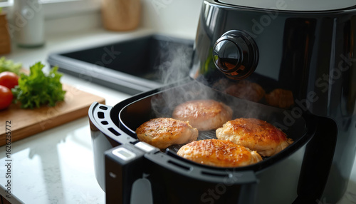 Wallpaper Mural Modern kitchen air fryer cooks juicy chicken breasts with rising steam on countertop. Healthy meal preparation using technology for tender, tasty, brown meat. Convenient home cooking, delicious Torontodigital.ca
