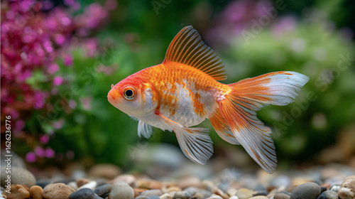 Elegant goldfish swims in serene aquarium