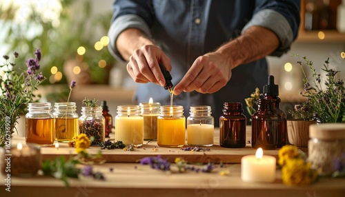 is making handmade aromatherapy candles on a wooden table.  She is adding essential oils from a pipette into a container of melted wax.ea