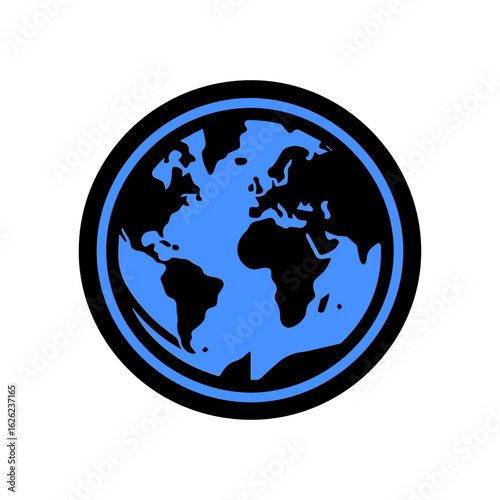 Modern globe icon with blue continents and circular tech border, symbolizing global connection, communication, network, and worldwide reach vector.